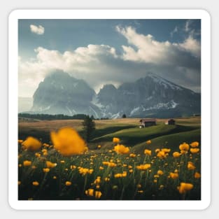 Yellow tulips and the mountain view Sticker